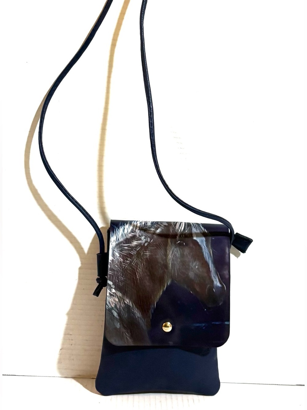 Vintage PVC leather Crossbody Phone Bag with Horse Print - Black